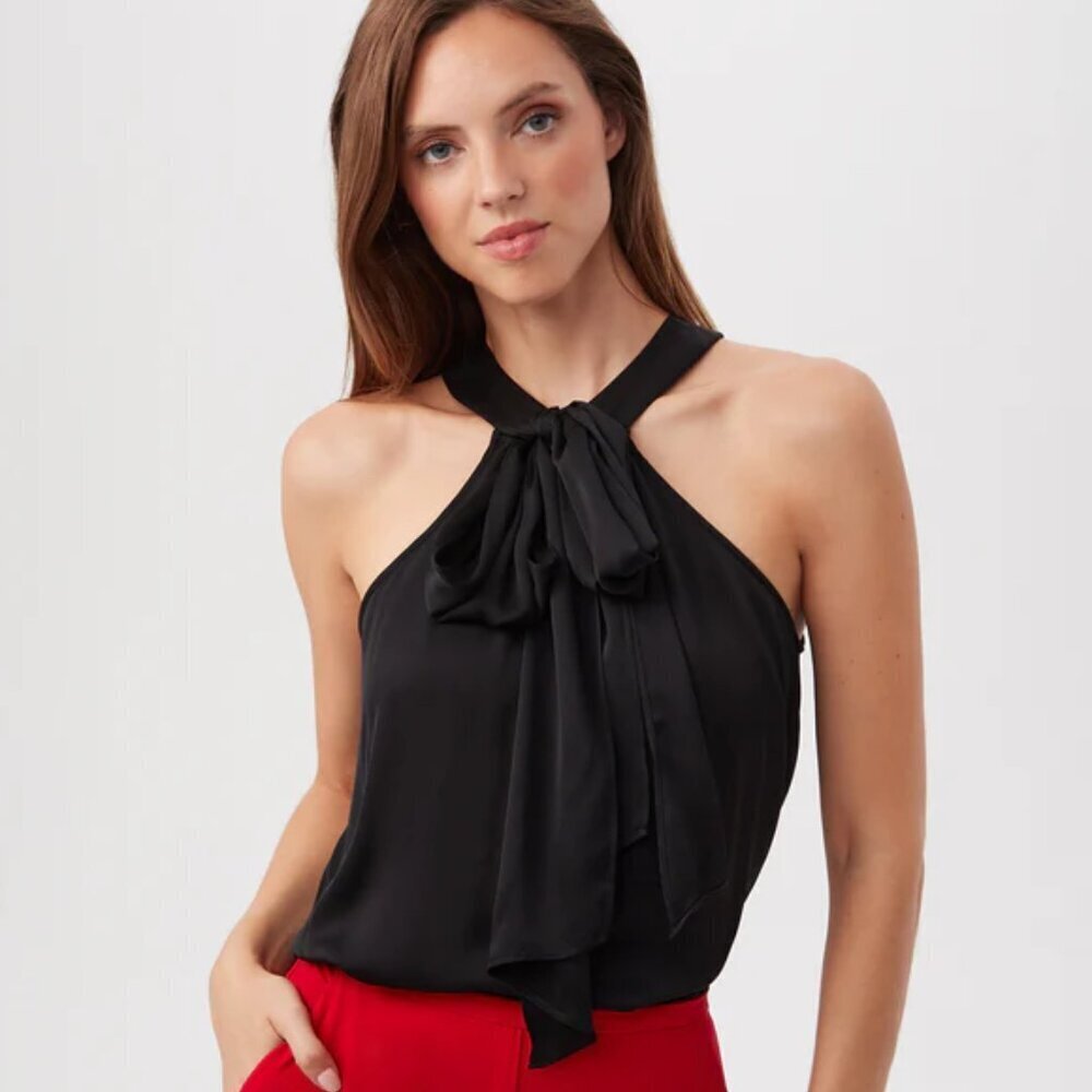 Trina Turk 'Mallie' Sleeveless Silk-Satin Bow Halter Top, Black